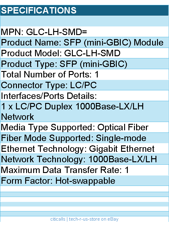Cisco GLC-LH-SMD= SFP (mini-GBIC) Module - 1 x LC/PC Duplex 1000Base-LX/LH Netwo