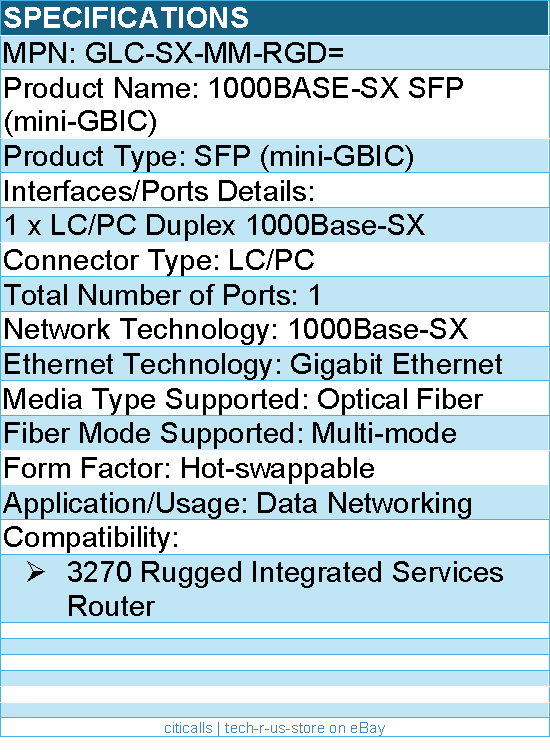 Cisco GLC-SX-MM-RGD= 1000BASE-SX SFP (mini-GBIC) - 1 x 1000Base-SX