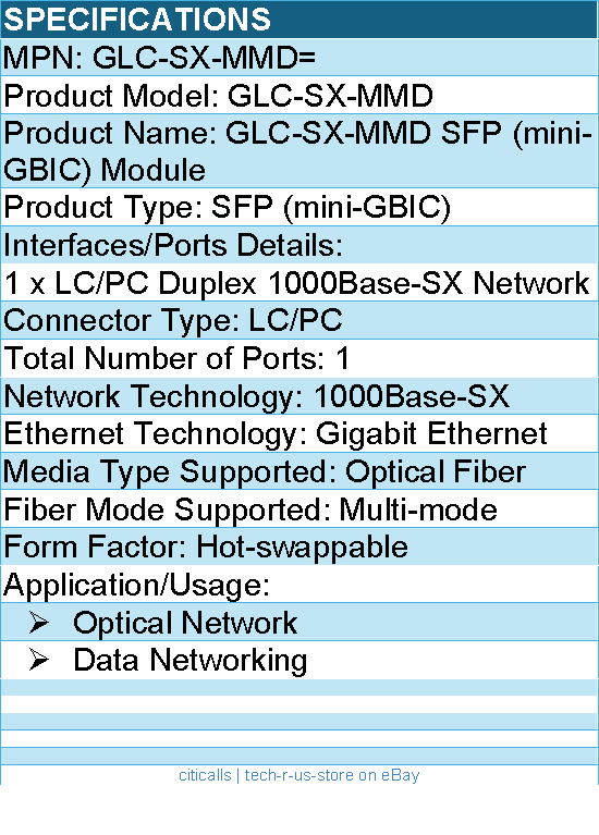 Cisco GLC-SX-MMD= GLC-SX-MMD SFP (mini-GBIC) Module - Hot-swappable