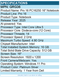 Dell GRG36 Pro 16 PC16250 16" Notebook - Full HD Plus - Intel Core Ultra 5