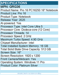 Dell GRG36 Pro 16 PC16250 16" Notebook - Intel Core Ultra 5 - Platinum Silver