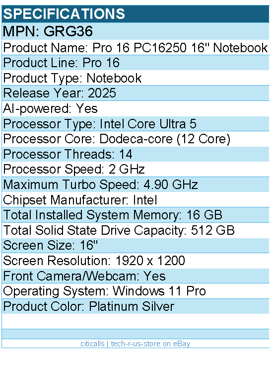 Dell GRG36 Pro 16 PC16250 16" Notebook - Intel Core Ultra 5 - Platinum Silver