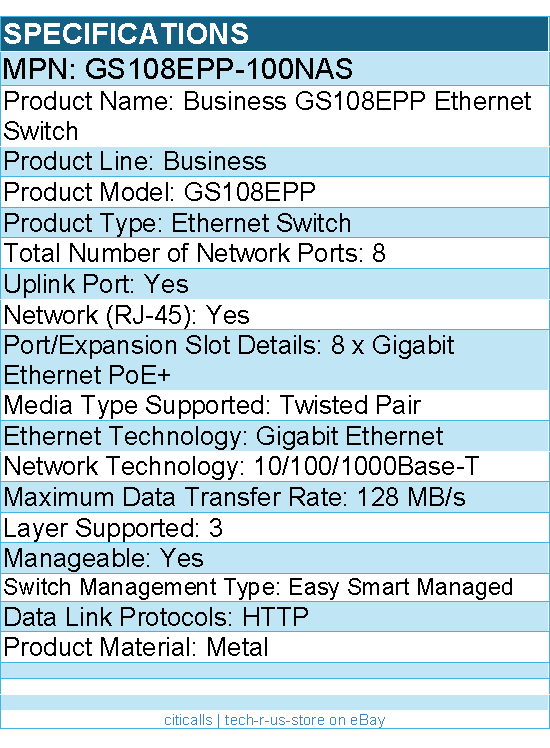 Netgear GS108EPP-100NAS Business GS108EPP Ethernet Switch - 8 Ports - Manageable