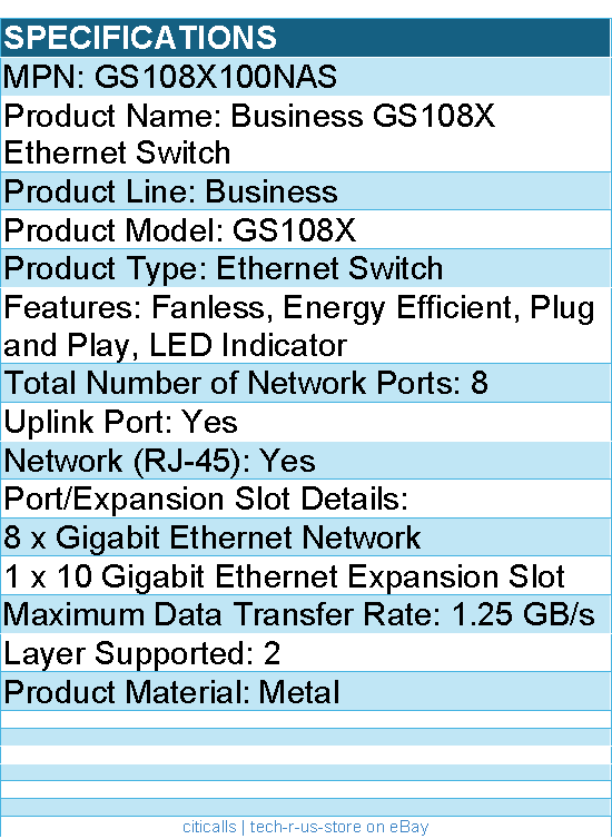 Netgear GS108X-100NAS Business GS108X Ethernet Switch - 8 Ports,Gigabit Ethernet