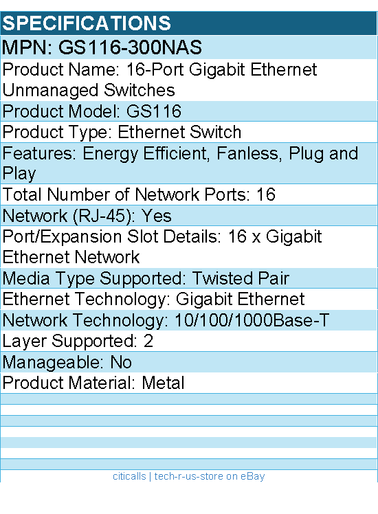 Netgear GS116-300NAS 16-Port Gigabit Ethernet Unmanaged Switches