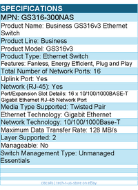 Netgear GS316-300NAS Business GS316v3 Ethernet Switch -16 Ports