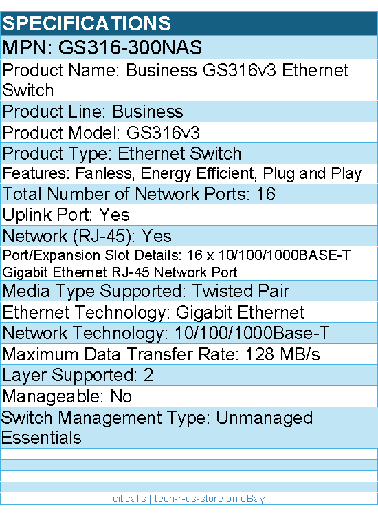 Netgear GS316-300NAS Business GS316v3 Ethernet Switch -16 Ports