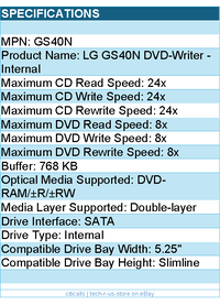 LG GS40N DVDRW - Slim Internal Slot DVD Super Multi Writer 8X SATA w o SF 9.5mm