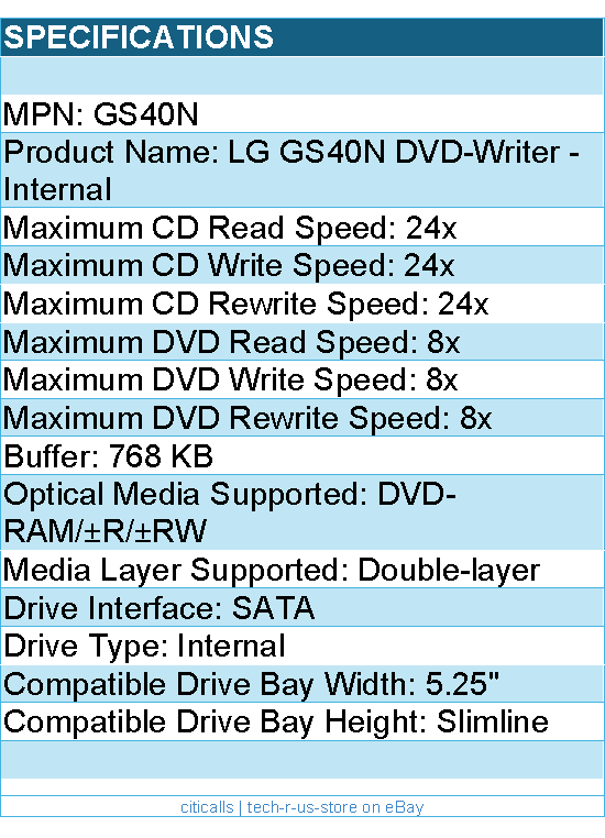 LG GS40N DVDRW - Slim Internal Slot DVD Super Multi Writer 8X SATA w o SF 9.5mm