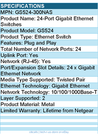 Netgear GS524-300NAS 24-Port Gigabit Ethernet Switches - 2 Layer Supported