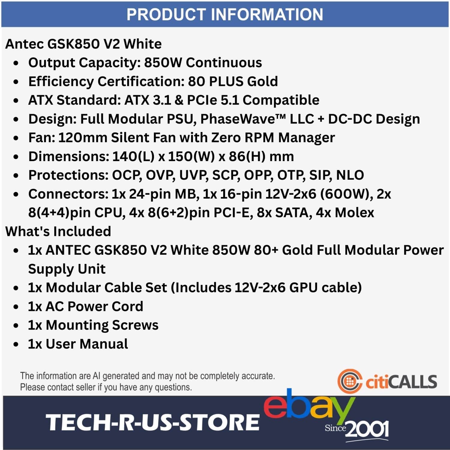 ANTEC GSK850 V2 White 850W 80+ Gold Full Modular ATX 3.1 PCIe 5.1 PSU