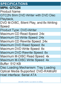 LG GTC2N DVD-Writer - Internal Slim (Tray) SATA DVDRW 8x SATA Black Bare