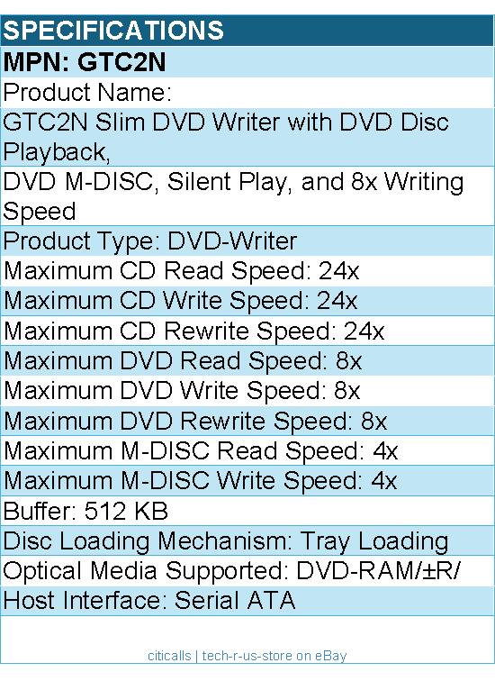LG GTC2N DVD-Writer - Internal Slim (Tray) SATA DVDRW 8x SATA Black Bare