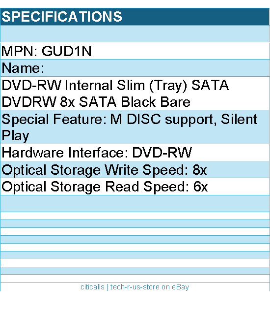 LG GUD1N DVDRW - Internal Slim (Tray) SATA DVDRW 8x SATA Black Bare