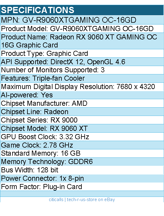 GIGABYTE GV-R9060XTGAMING OC-16GD AMD Radeon RX 9060 XT Graphic Card