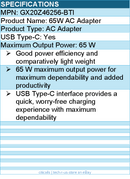 BTI GX20Z46256-BTI 65W TYPE-C AC ADAPTER - Compatible OEM: GX20Z46256