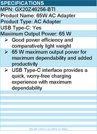 BTI GX20Z46256-BTI 65W TYPE-C AC ADAPTER - Compatible OEM: GX20Z46256