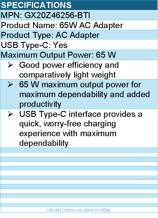 BTI GX20Z46256-BTI 65W TYPE-C AC ADAPTER - Compatible OEM: GX20Z46256