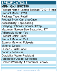 Lenovo GX41K07198 T210 Carrying Case for 17" Notebook - Black