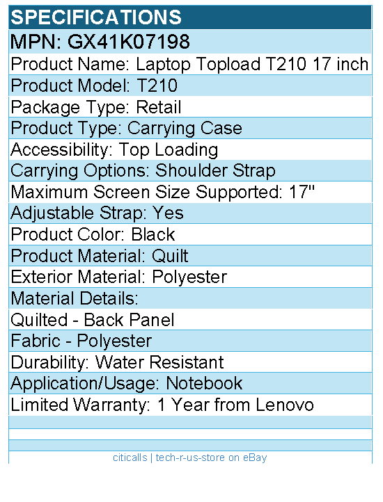 Lenovo GX41K07198 T210 Carrying Case for 17" Notebook - Black