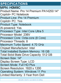 Dell H0M9C Pro 14 Premium PA14250 14" Copilot+ PC Notebook - Full HD Plus