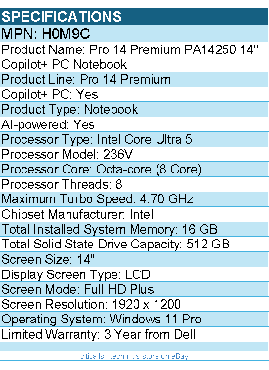 Dell H0M9C Pro 14 Premium PA14250 14" Copilot+ PC Notebook - Full HD Plus