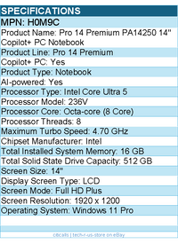 Dell H0M9C Pro 14 Premium PA14250 14" Copilot+ PC Notebook - Intel Core Ultra 5