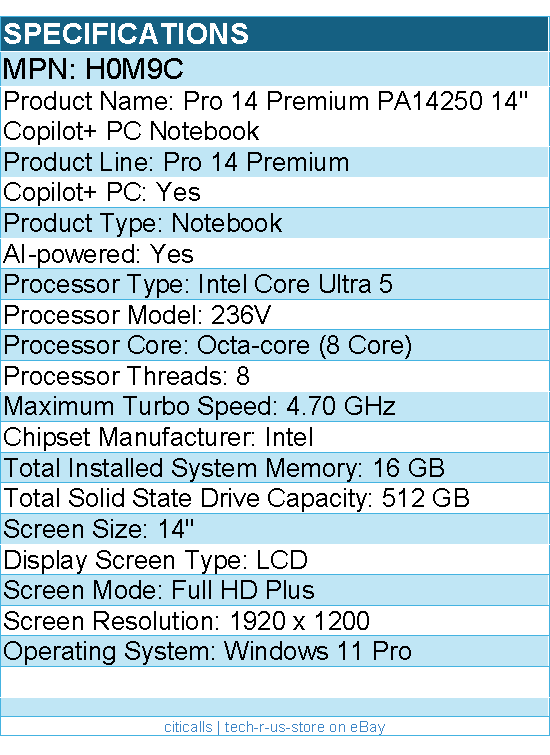 Dell H0M9C Pro 14 Premium PA14250 14" Copilot+ PC Notebook - Intel Core Ultra 5