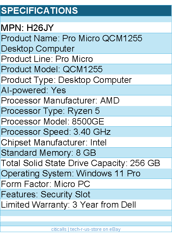 Dell H26JY Pro Micro QCM1255 Desktop Computer - AMD Ryzen 5 8500GE - 8 GB