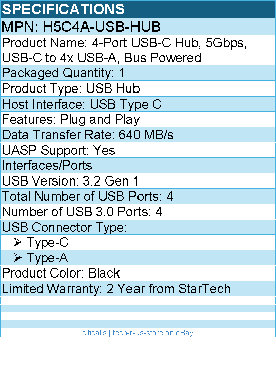 StarTech H5C4A-USB-HUB 4-Port USB-C Hub, 5Gbps, USB-C to 4x USB-A, Bus Powered
