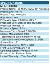 Dell H60MC Pro 16 PC16250 16" Notebook - Full HD Plus - Intel Core Ultra 7
