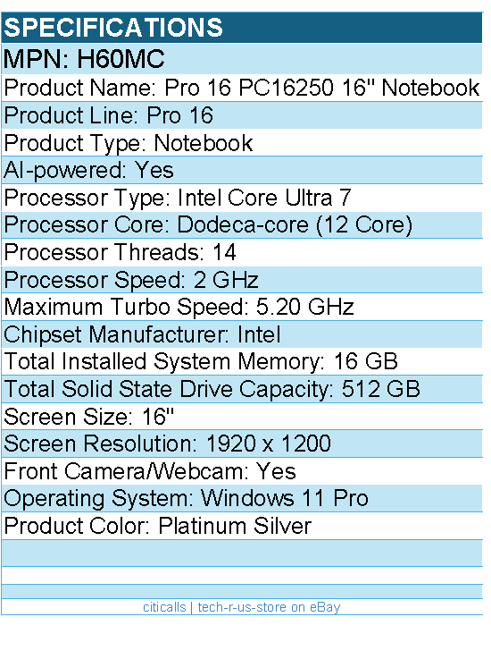 Dell H60MC Pro 16 PC16250 16" Notebook - Intel Core Ultra 7 - Platinum Silver