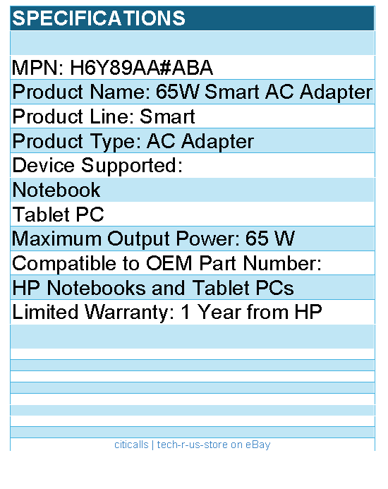 HP H6Y89AA#ABA 65W Smart AC Adapter - For HP Notebooks and Tablet PCs