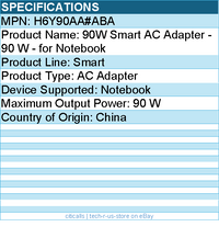 HP H6Y90AA#ABA 90W Smart AC Adapter - 90 W - for Notebook