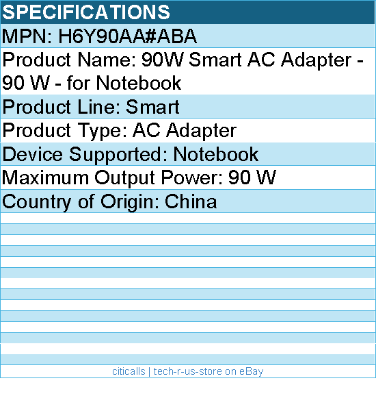 HP H6Y90AA#ABA 90W Smart AC Adapter - 90 W - for Notebook