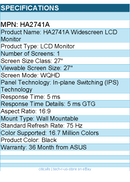 ASUS HA2741A 27" Class WQHD LCD Monitor - 16:9 - 2560 x 1440 - Black
