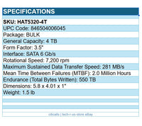 Synology HAT5320-4T 4TB 3.5" SATA 6Gb/s 7200rpm Enterprise HDD Hard Drive BULK