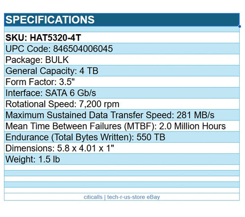 Synology HAT5320-4T 4TB 3.5" SATA 6Gb/s 7200rpm Enterprise HDD Hard Drive BULK