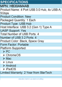 StarTech HB30AM4AB 4 Port USB 3.0 Hub, 4x USB-A, 5Gbps - Black, Space Gray