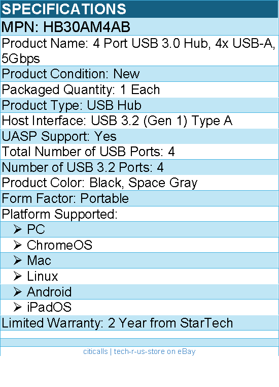 StarTech HB30AM4AB 4 Port USB 3.0 Hub, 4x USB-A, 5Gbps - Black, Space Gray