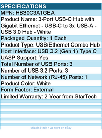 StarTech HB30C3A1GEA 3 Port USB C Hub with Gigabit Ethernet - USB-C to 3x USB-A