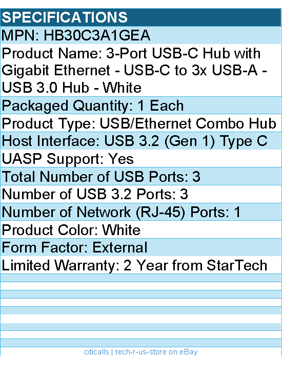 StarTech HB30C3A1GEA 3 Port USB C Hub with Gigabit Ethernet - USB-C to 3x USB-A