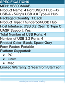 StarTech HB30CM4AB 4 Port USB C Hub - 4x USB-A - 5Gbps USB 3.0 Type-C Hub