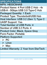 StarTech HB30CM4AB 4 Port USB C Hub - 4x USB-A - 5Gbps USB 3.0 Type-C Hub