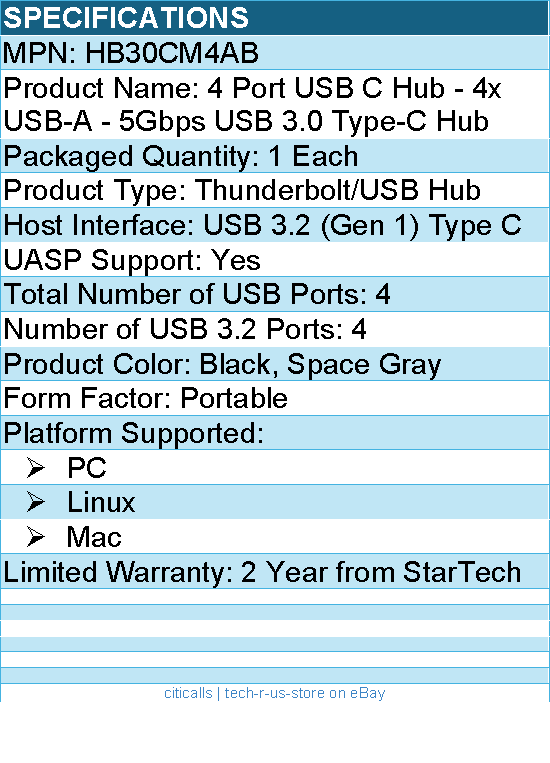 StarTech HB30CM4AB 4 Port USB C Hub - 4x USB-A - 5Gbps USB 3.0 Type-C Hub