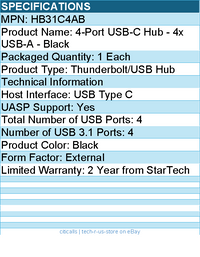 StarTech HB31C4AB 4 Port USB C Hub - USB-C to 4xUSB-A - 10Gbps