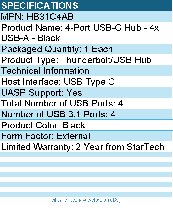 StarTech HB31C4AB 4 Port USB C Hub - USB-C to 4xUSB-A - 10Gbps