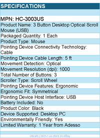 Adesso HC-3003US 3 Button Desktop Optical Scroll Mouse (USB) - 1000 dpi