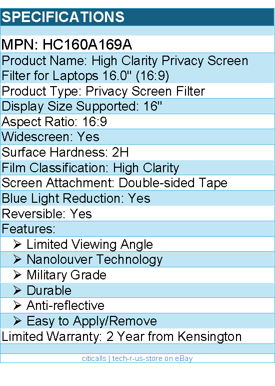 Kensington HC160A169A High Clarity Privacy Screen Filter for Laptops 16.0"
