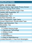 Kensington HC160A169A High Clarity Privacy Screen Filter for Laptops 16" (16:9)